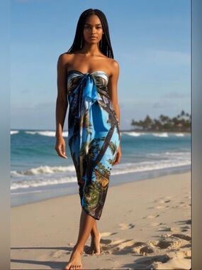 💙Blue Tropical Palm Sarong Cover-Up💚